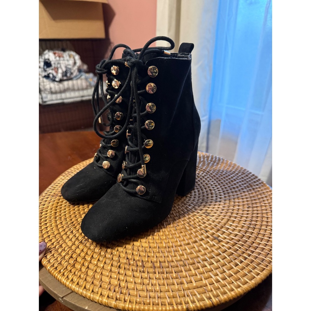 PrimaDonna Collection Black Suede Lace Up Gold Hardware Block Heel Boots Size 36